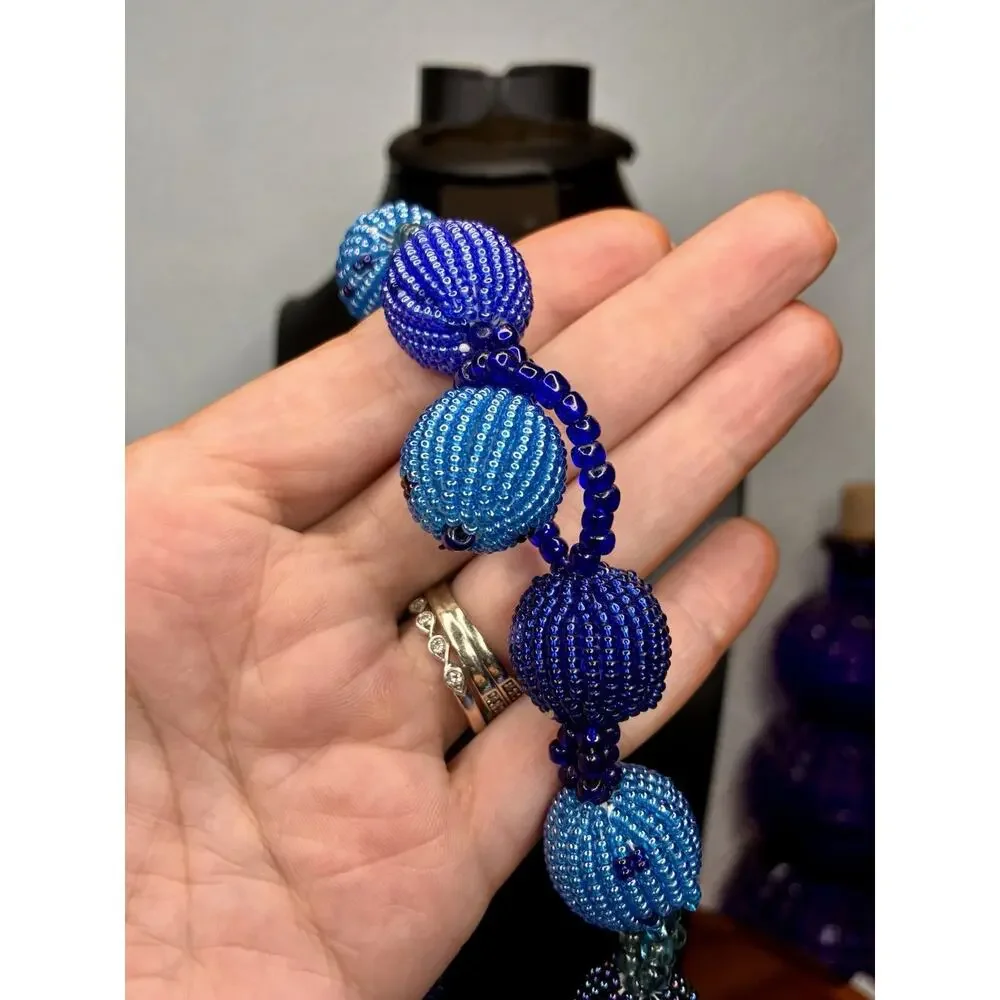 Vintage handmade Blue Bead Necklace Boho Southwestern Statement Loop Closure 18”